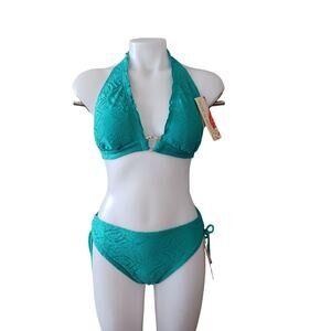 Tropical Honey 2-Piece Bikini – Size 14 – Green Lace Pattern w/ Gold Trim – NWT